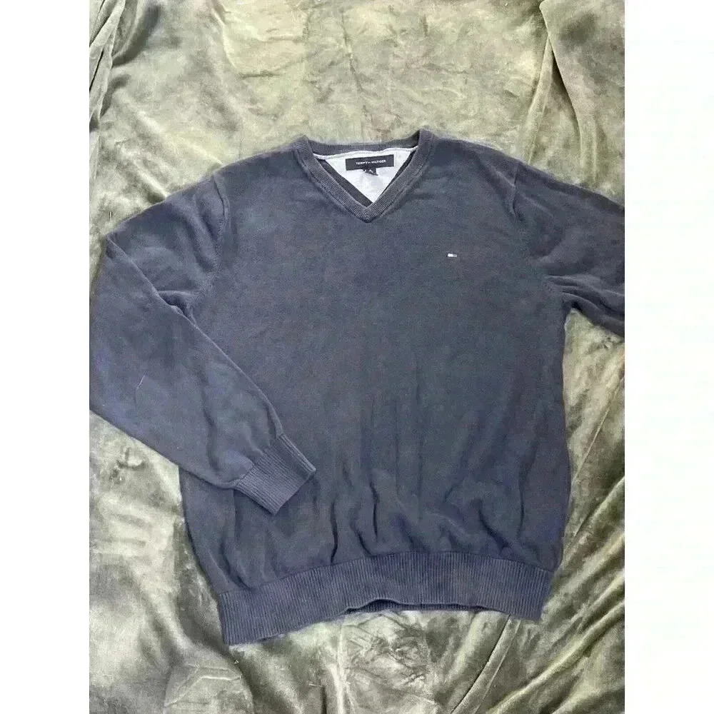Tommy Hilfiger Women's L Sweater V-Neck Pullover Navy Blue Cotton Relaxed Preppy